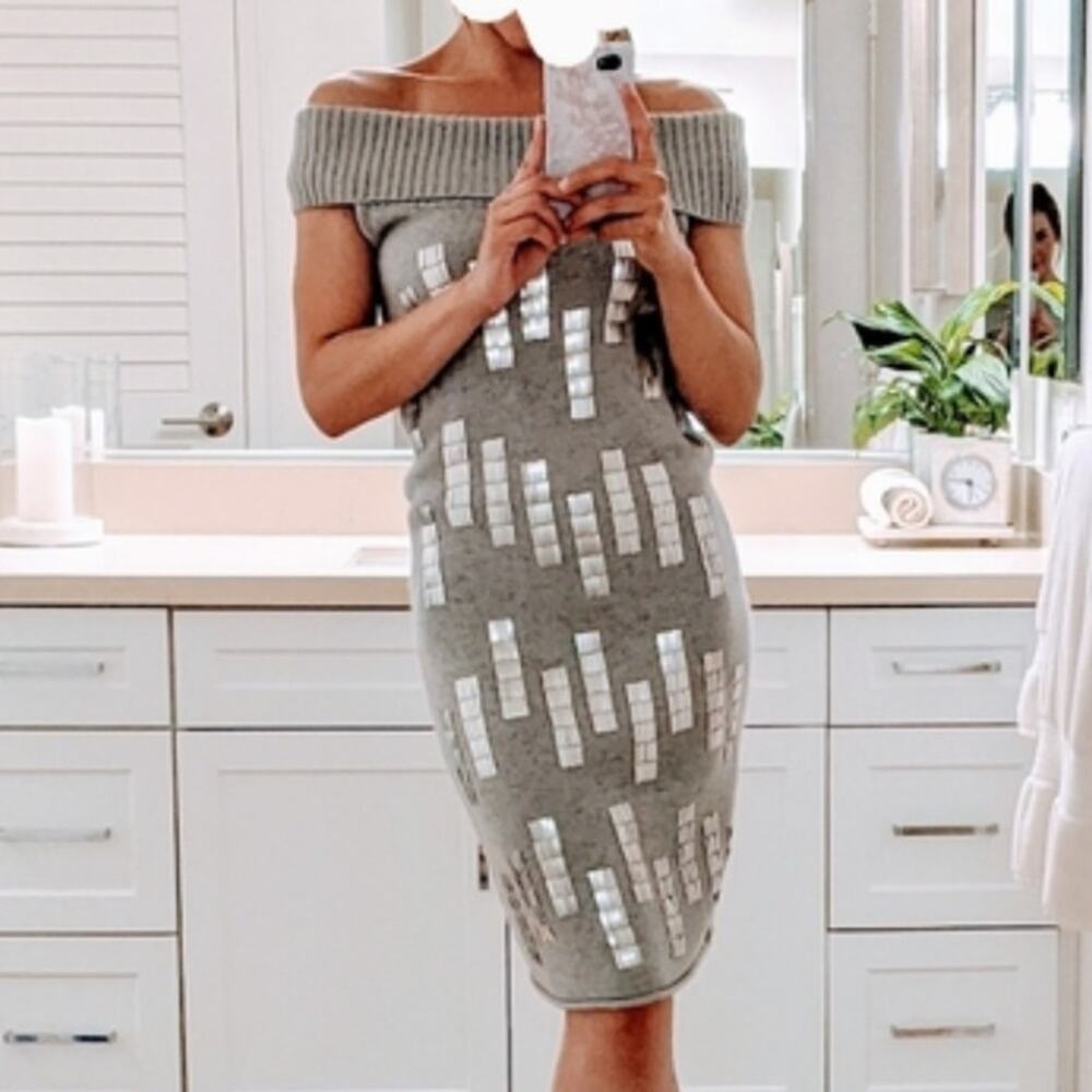 Walter | Grey Sweater Dress Off Shoulder Rabbit Hair Blend Metallic Embellished